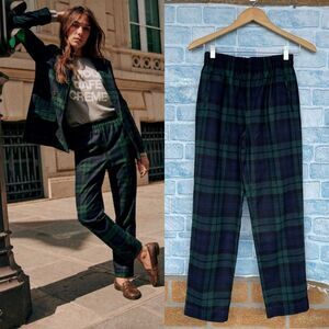 Sezane Ross Trousers Green Navy Check with Elastic Waist size 34/4